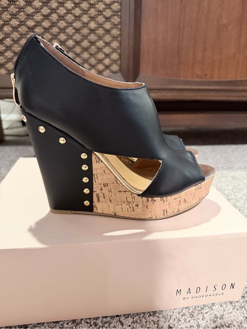 Madison Black Cork Platform Wedge with Gold Studs